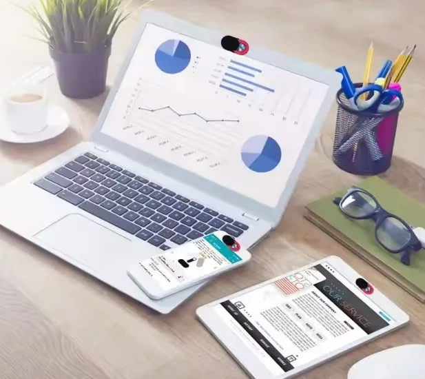 YourStation Privacy Webcam Cover - Laptop Setup Ultra-thin webcam privacy cover slider installed on a laptop - Essential security for content creators