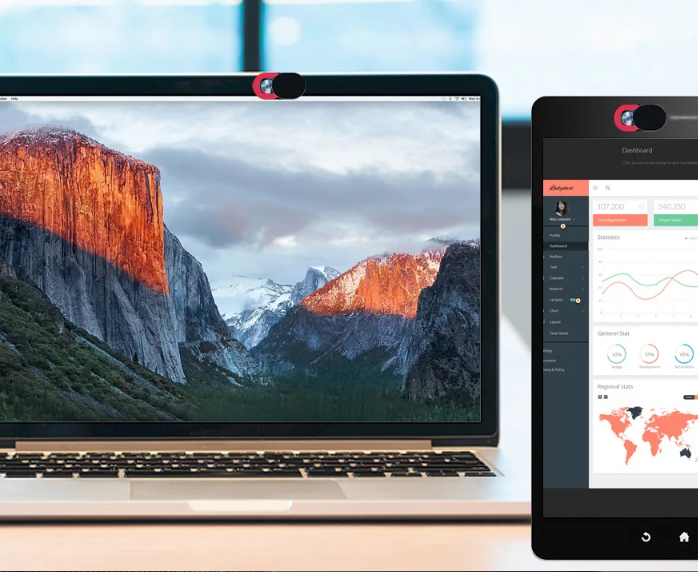 YourStation-Privacy-Webcam-Cover-Laptop Ultra-thin webcam privacy cover slider installed on a laptop for secure video calls and privacy protection