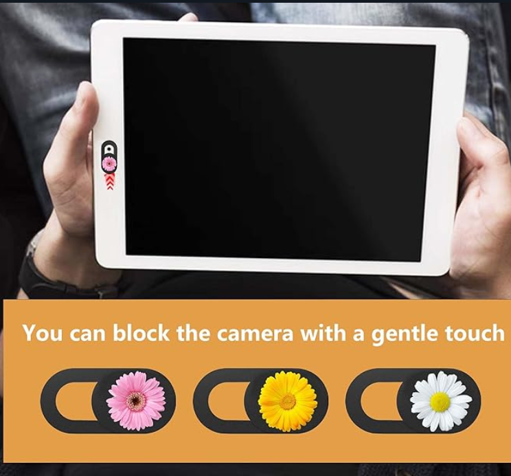 Universal-Webcam-Privacy-Cover-Mobile-Tablet-View Ultra-thin webcam privacy cover slider installed on a tablet and smartphone showing floral and solid color designs