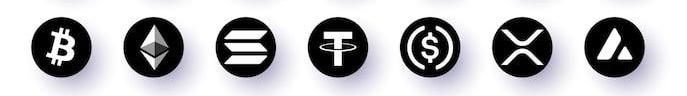 Loghi delle criptovalute accettate su YourStation: Bitcoin, Ethereum, Solana, Tether e altre