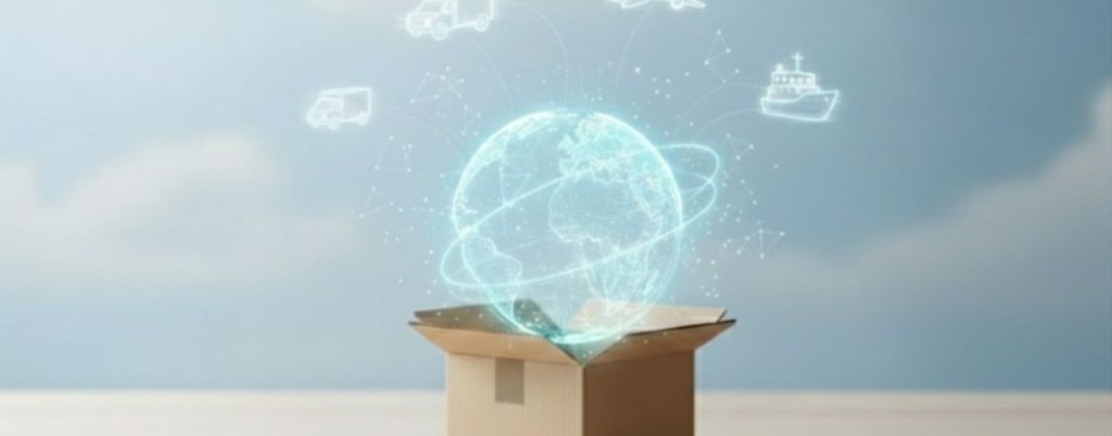 Holographic globe icon coming out of a shipping box for free worldwide delivery service