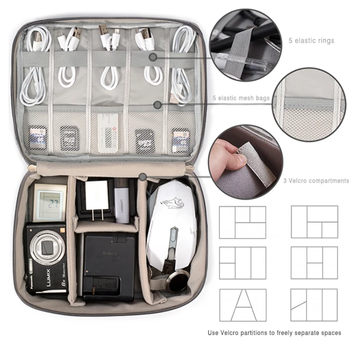 Open cable master bag showing organized internal compartments with camera gear and chargers - YourStation - Buy with crypto: Bitcoin, Ethereum and more