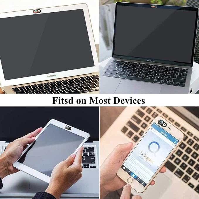 Ultra-thin webcam privacy cover showing the sliding mechanism on a laptop, tablet, and smartphone to protect digital life