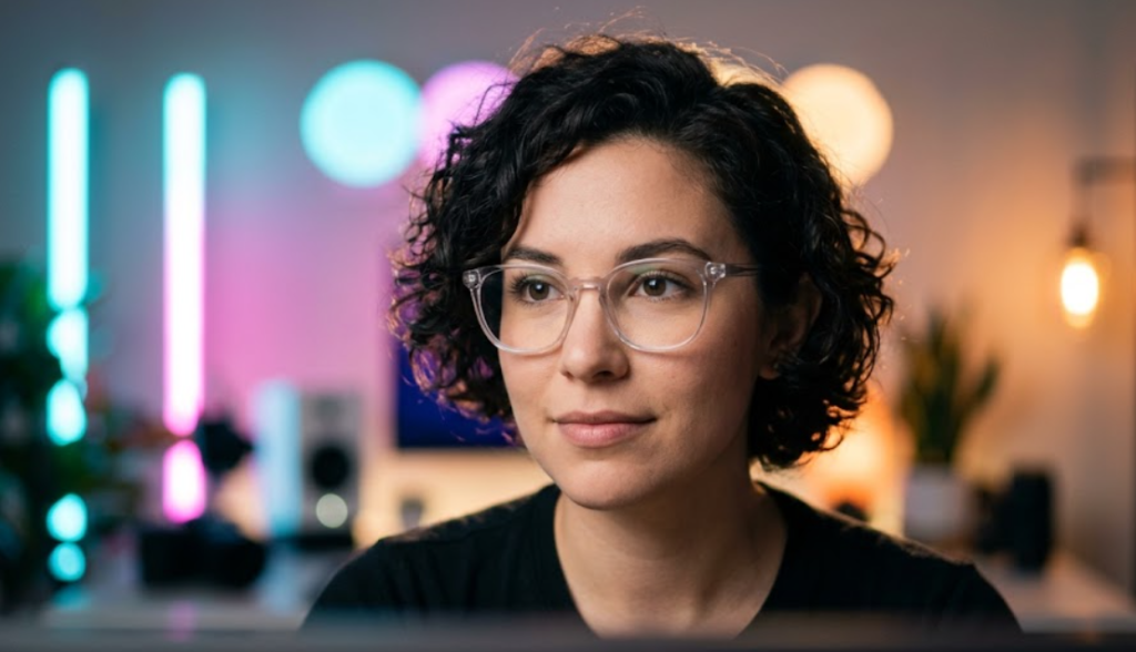 Best budget lighting setup for creators: Light Up Your Content Without Breaking the Bank A content creator wearing glasses with no glare, demonstrating advanced lighting techniques and colorful RGB background bokeh.