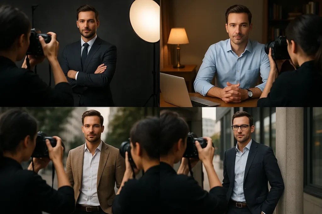 Side-by-side comparison of flat overhead office lighting versus professional diffused studio lighting with RGB accents