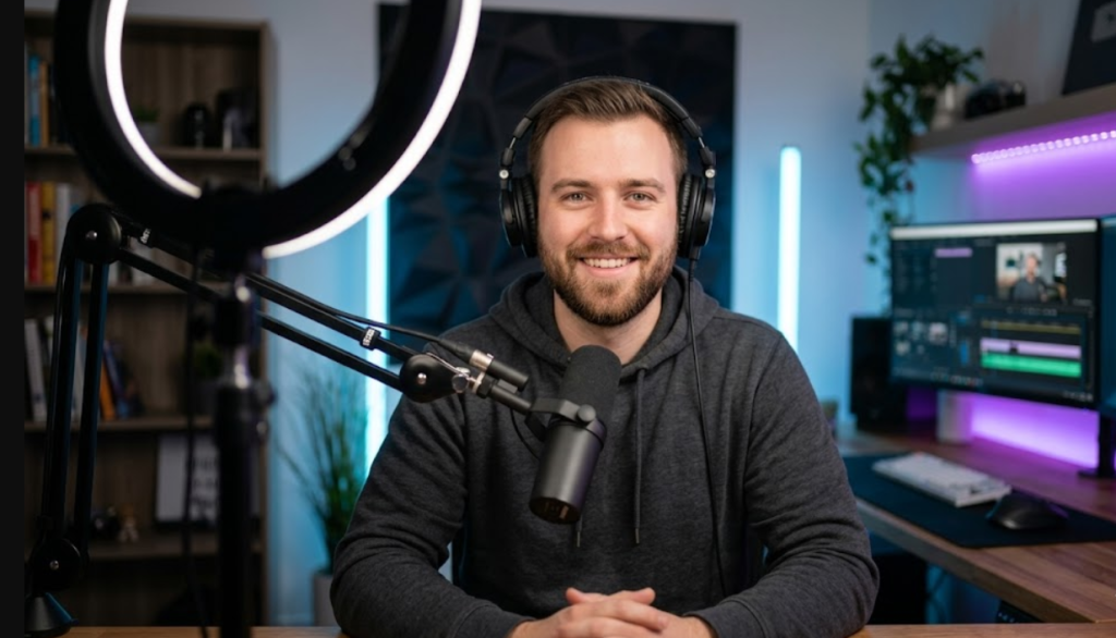 Best budget lighting setup for creators: Light Up Your Content Without Breaking the Bank A professional content creator smiling in a perfectly lit home studio, using a budget-friendly lighting setup with a ring light and RGB LED accents from YOURSTATION.SHOP.