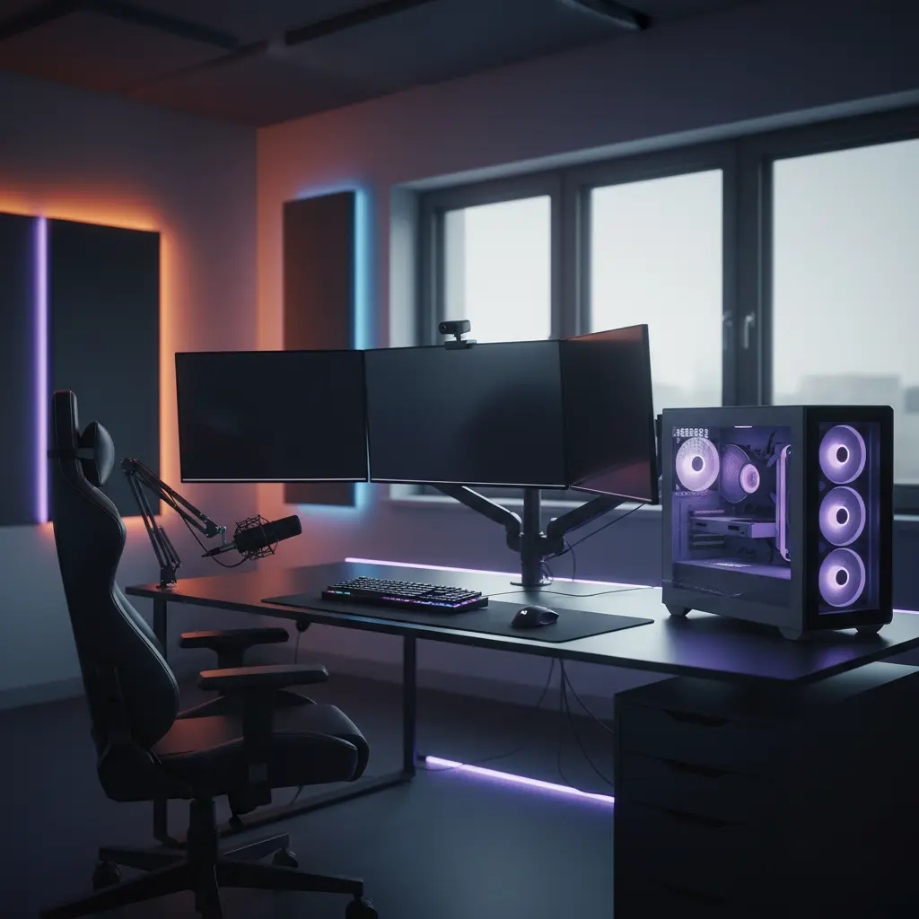 A sleek, professional USB microphone on a modern desk setup with ambient lighting, perfect for content creators and streamers.