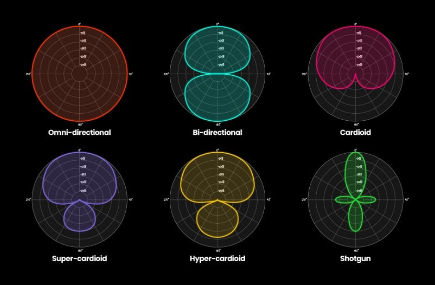 A clean infographic showing a cardioid polar pattern diagram, illustrating how a microphone captures sound from the front and rejects noise from the back.