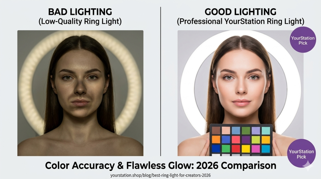 A sleek, minimalist gaming setup featuring a ring light, microphone, and clean desk aesthetic.