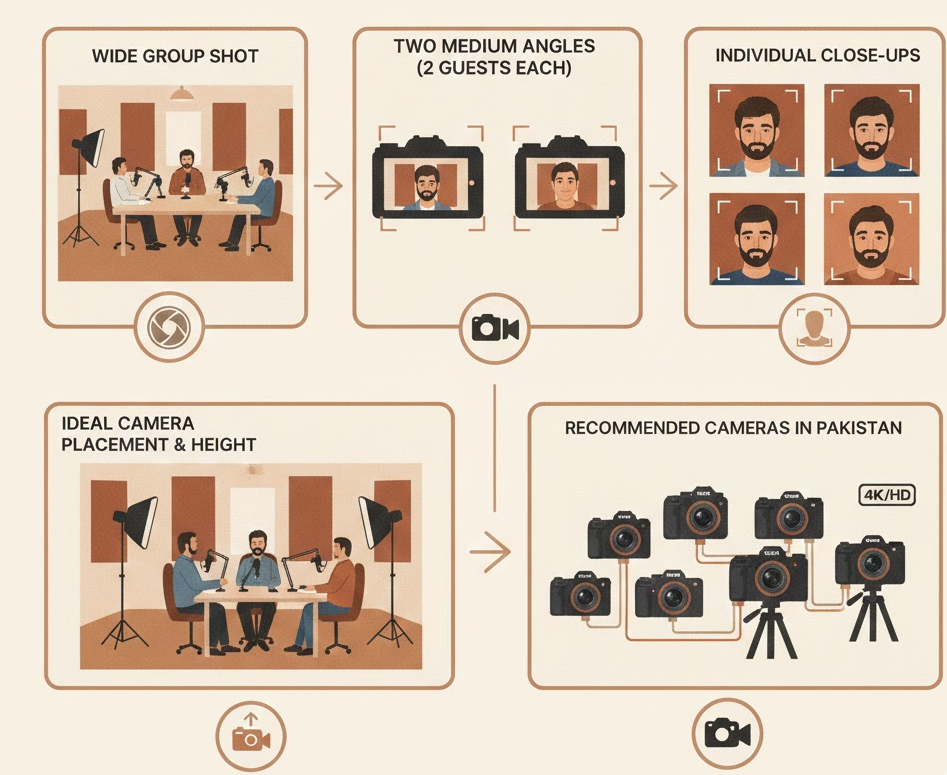 Infographic showing the professional three-point lighting setup for video content creators including key light, fill light, and back light positions.