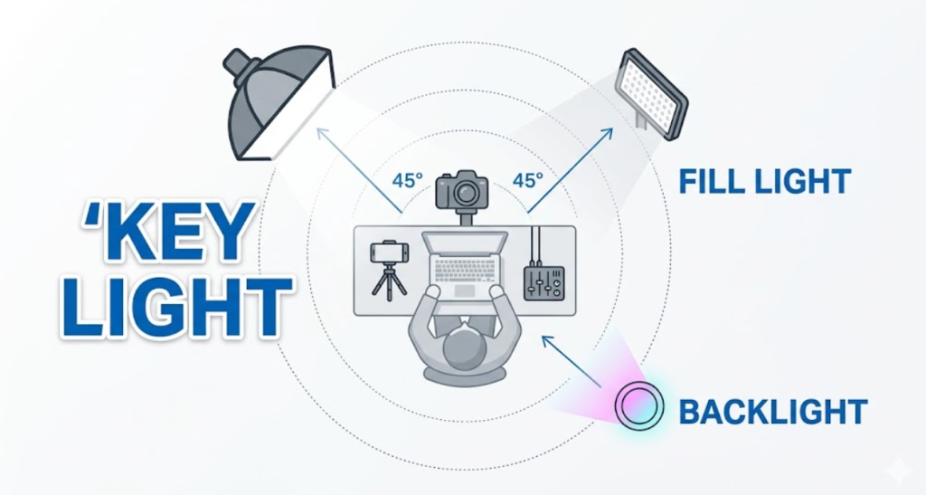 Best budget lighting setup for creators: Light Up Your Content Without Breaking the Bank A professional diagram showing the positions of Key Light, Fill Light, and Backlight for a home studio setup.
