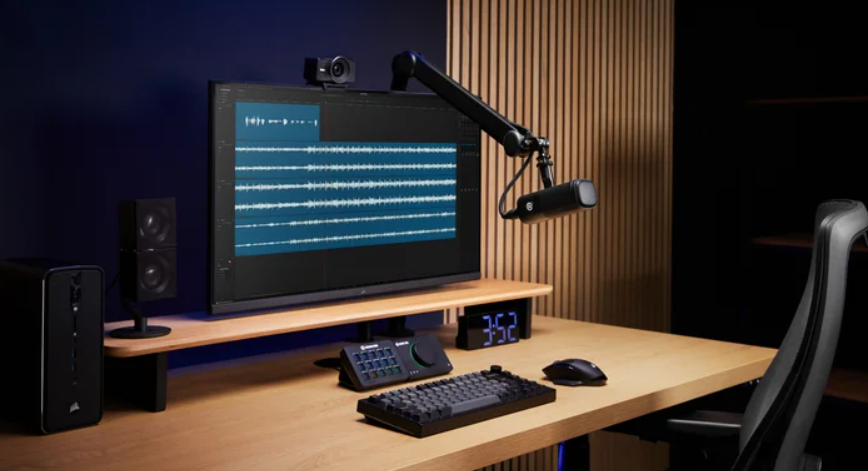 A modern USB microphone mounted on a black boom arm over a clean wooden desk, demonstrating correct positioning for streamers.